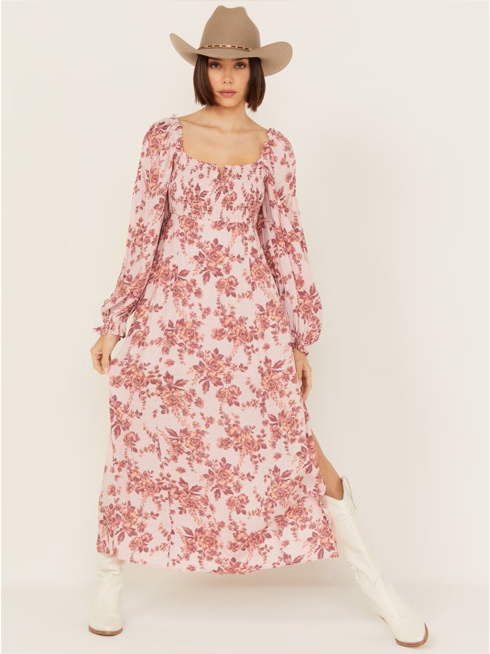 NWT Free People Jaymes Floral Smocked Long Sleeve Midi Maxi Dress Lilac Sz L